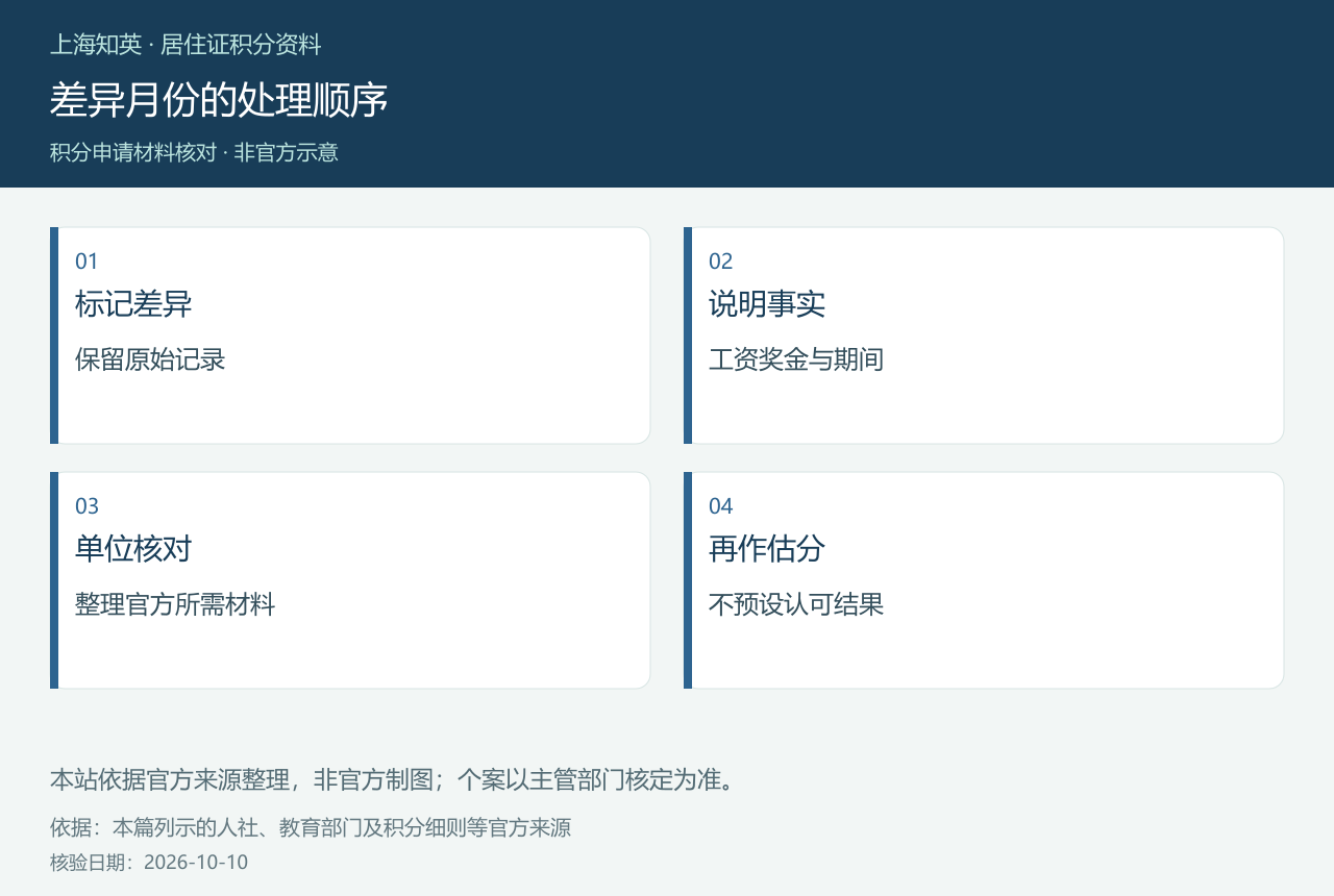 差异月份的处理顺序，图中分列标记差异、说明事实、单位核对、再作估分