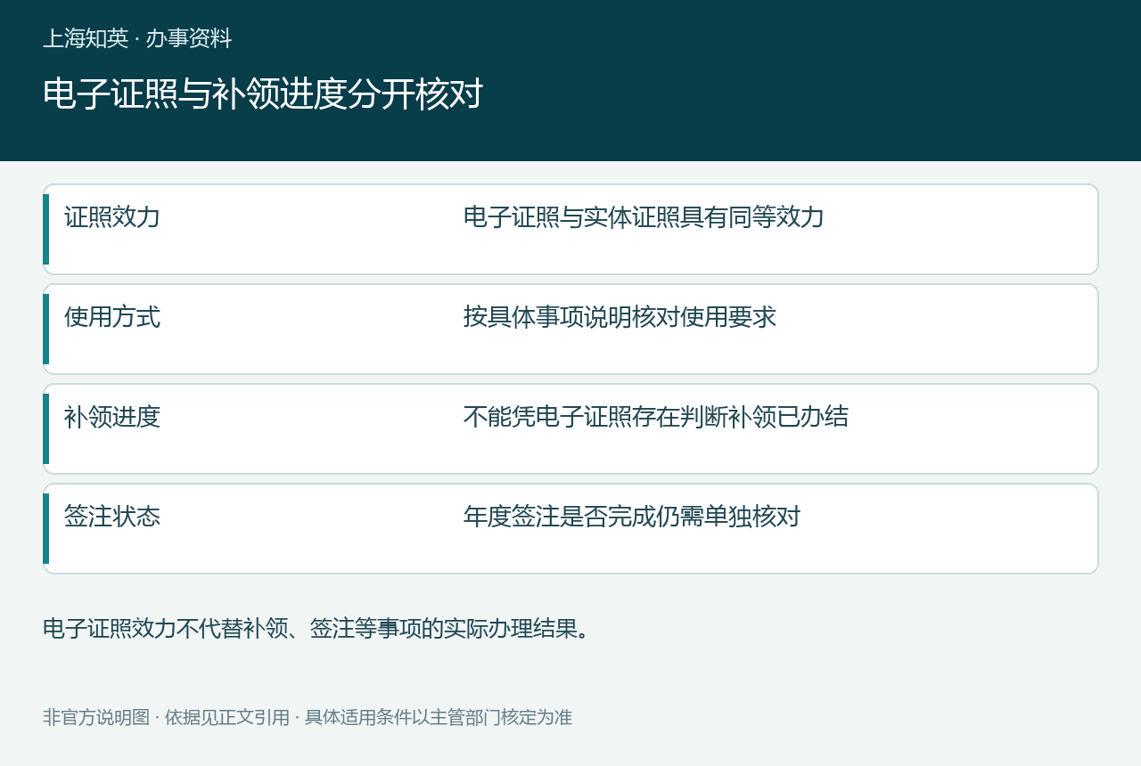 电子证照与补领进度分开核对,图中列出证照效力、使用方式、补领进度、签注状态